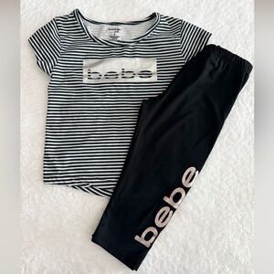 bebe Girls Toddler 2-Piece T & Legging Set Sz 4T Black White Stripe Silver Logo